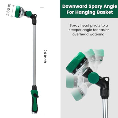 Watering Wand for Garden Hose, 24 Inch, Heavy Duty, 10 Spray Patterns, Thumb Control Hose Nozzle with 180° Pivoting Head, Ideal for Hanging Baskets, Plants and Shrubs - color: Green