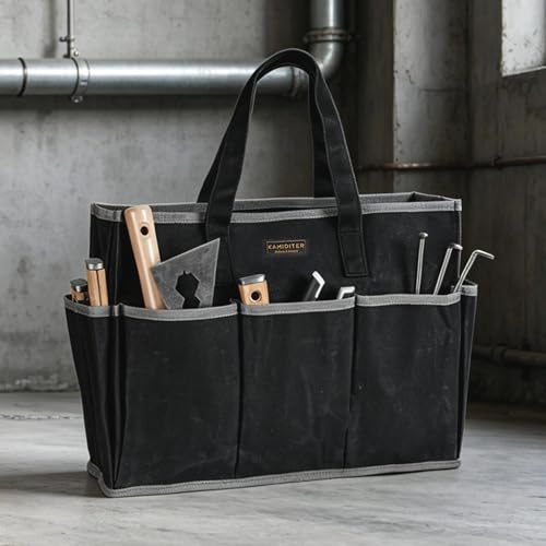 Waxed Canvas Tote Bag, Heavy Duty Multi-Purpose Canvas Tool Bag with 10 Pockets for Screwdrivers/Wrench/Pliers/Electricians Storage, Black - color: Black