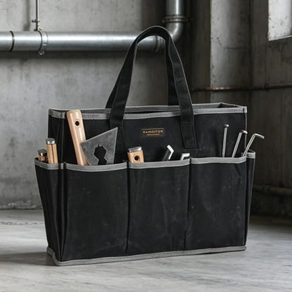 Waxed Canvas Tote Bag, Heavy Duty Multi-Purpose Canvas Tool Bag with 10 Pockets for Screwdrivers/Wrench/Pliers/Electricians Storage, Black - color: Black