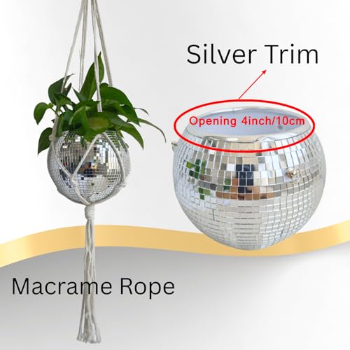 Disco Ball Hanging Plant Pots, Boho Silver Mirror Disco Planter with Chain Hook and Macrame Rope for Indoor Outdoor Decor and Wooden Stand for Desk,Self Watering Insert Pots