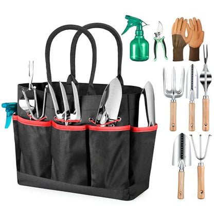 Grenebo 9-Piece Gardening Tools Set with Fashion Handbag, Black Red - style: Black Red