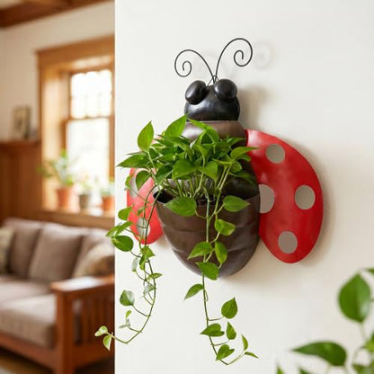 Ladybug Metal Wall Planter, Wall Mount Hanging Succulent Pot with Drainage - color: Red Ladybug