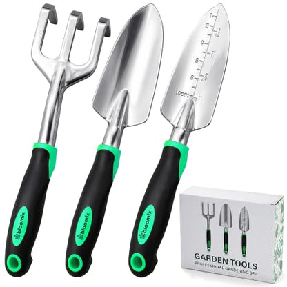 Bloomix Set of 3 Stainless Steel Gardening Tool Set – Hand Cultivator, Transplanter & Trowel with Soft-Grip Ergonomic Handles – Durable Garden Kit for Digging, Planting and Soil Care Green & Silver - color: Green & Silver
