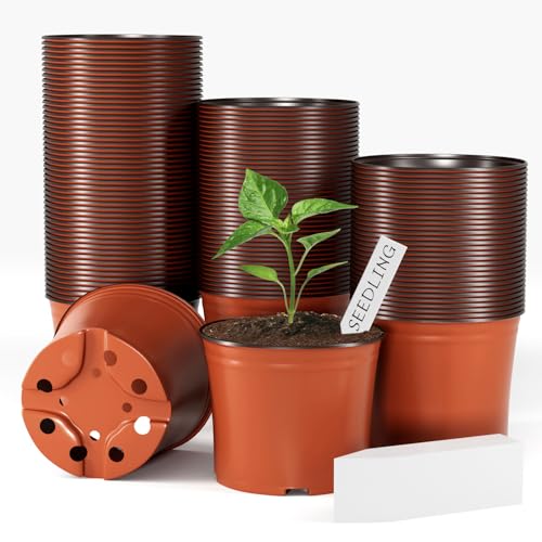 100 Pcs Plant Nursery Pots, 6 Inch Large Plant Seedling Pots with Labels Plastic Plant Flower Pots with Drainage Holes Indoor Outdoor for Succulent Cutting Transplanting - size: 6"