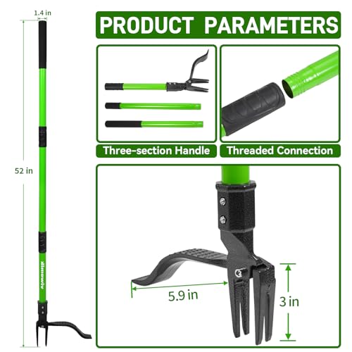 Weed Puller,Stand-Up Weeding Picker Tool,Detachable Hand Weed Root Remover Tool,with 4-Claw Steel Head & 3-Sectioal Pole Long Handle for Lawn/Yard and Garden Gripper Without Bending or Kneeling