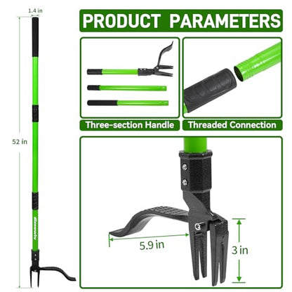 Weed Puller,Stand-Up Weeding Picker Tool,Detachable Hand Weed Root Remover Tool,with 4-Claw Steel Head & 3-Sectioal Pole Long Handle for Lawn/Yard and Garden Gripper Without Bending or Kneeling