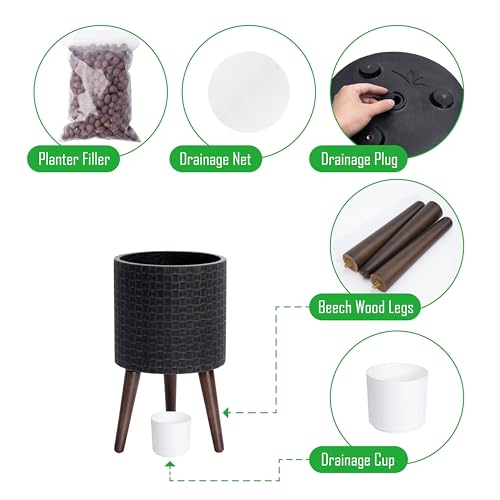 D'vine Dev Planter Pot with Wood Stand, 10 in, Distressed Black, 88-Z-B-5 - color: Distressed Black, size: Medium