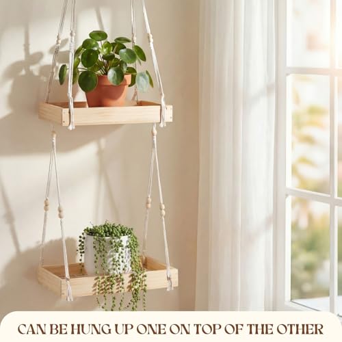 Novabright 1 Pcs Window Hanging Plant Shelf with Macrame Adjustable Rope, 16" Large Wooden Plant Hanger Indoor with Metal Frame, Load 50lb, Suit for Window Ceiling Wall Mount Boho Decor