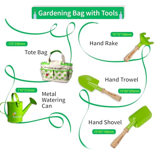 EverEarth Kids Metal Gardening Tools Set, Childrens Gardening Tool Kit with Canvas Tote Bag and Metal Watering Can, Metal Hand Rake, Trowel and Shovel, FSC Certified Wood