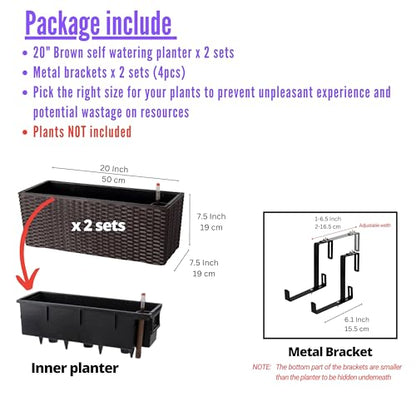 LaLaGreen Outdoor Rail Planter for Balcony (20 Inch, 2 Pack) Large Black Self Watering Railing Planters with Brackets, Rectangular Plastic Window Flower Box Fence Designer Choice with Rattan Pattern - color: Brown X 2