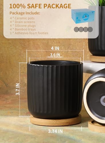 4 Inch Ceramic Plant Pots, Small Succulent Pot with Drainage Hole & Saucer - color: Stripe Pure Black