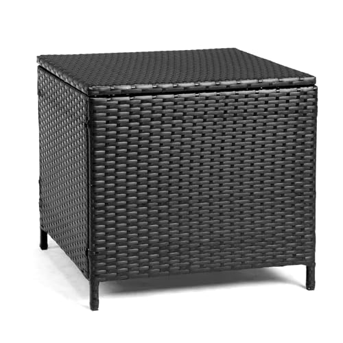 VINGLI 27 Gallon Outdoor Deck Box, Wicker Outdoor Storage Box with Lid, Small Storage Bin Container for Outside and Patio, Patio Rattan Side Table for Yard Porch (Black, Square) - color: Black, size: Square