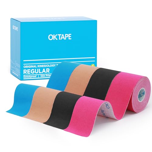 OK TAPE Kinesiology Tape (4 Pack) Latex Free Cotton Uncut 2in x 16.4ft - color: Beige+black+blue+pink, size: 4 Rolls