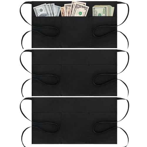 BOHARERS 3 Pack Waitress Aprons with Pockets - Women Men Black Waist Aprons Half Server Apron with Extra Long Straps - color: D-3 Pack Black