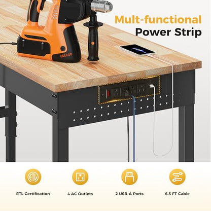 CAMMOO 60" Adjustable Workbench, 2000LBS Max Load, Pegboard & Power Strip - size: 60*22 Inch