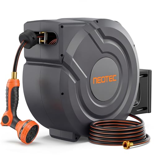 Upgraded Retractable Garden Hose Reel 1/2" x 130 ft Any Length Lock 9 Pattern Nozzle Wall-Mounted Automatic Slow Return 180° Swivel UV Resistant Heavy Duty Hose Reels for Outside - size: 1/2 inch 130ft Grey