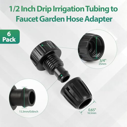 RedChili 6 Pcs 1/2 Inch Drip Irrigation Tubing to Faucet/Garden Hose Adapter, 3/4" FHT to 1/2" (1/2" ID x0.6-0.65" OD) Drip Irrigation Fittings Female Garden Hose Water Line System Connector - size: 1/2" Faucet Adapter