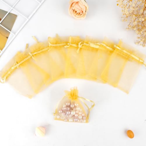 Gold Organza Bags - 50Pcs, Sheer 3 x 4 inch Jewelry & Party Favor Bags with Drawstring, Mini Mesh Gift Pouches for Wedding & Christmas - color: Gold - 3x4inch - 50pcs