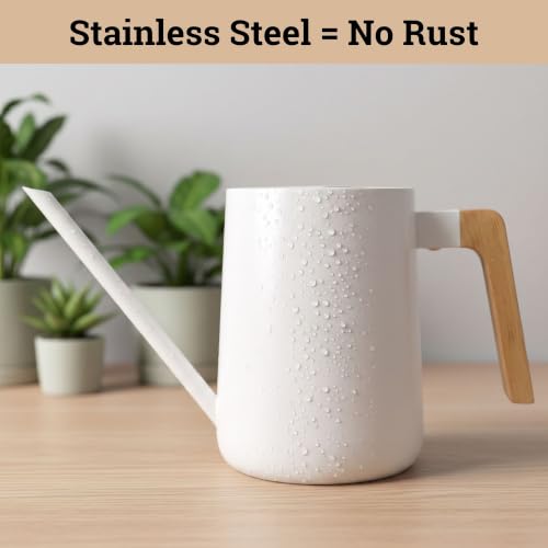 Metal Small Indoor Watering Can with Long Spout & Real Wood Handle, 35oz - color: White