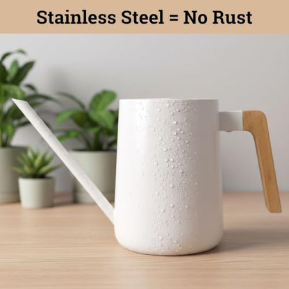 Metal Small Indoor Watering Can with Long Spout & Real Wood Handle, 35oz - color: White