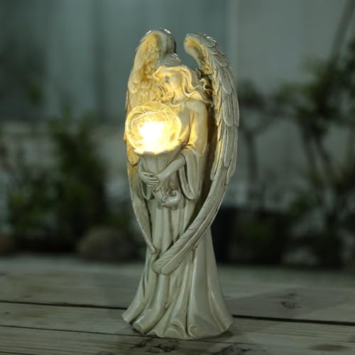Garden Angels Outdoor Statue, Solar Angel with Crackled Glass Globe Outdoor - color: White