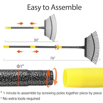 Leaf Rake, 30-76 inch Garden Rakes for Leaves Heavy Duty Long Handle, 25 Tines 18" Wide Metal Thatch Lawn Gravel Shrub Yard Landscape Rake for Leaves and Grass - style: 30-76"
