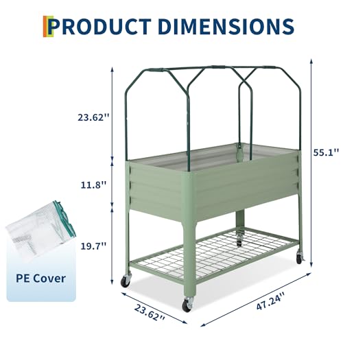 Raised Garden Bed with Cover, Galvanized Metal Elevated Planter Box with Rolling Casters & Extra Bottom Shelf, Raised Planter Box for Backyard, Patio, Balcony, 48x24x56 in, Green