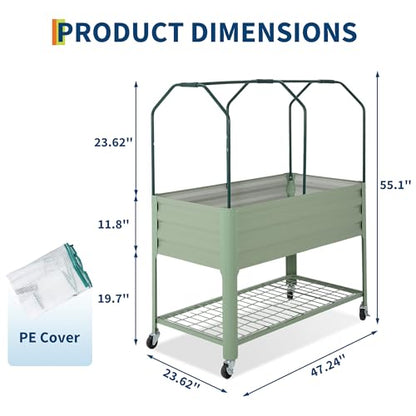 Raised Garden Bed with Cover, Galvanized Metal Elevated Planter Box with Rolling Casters & Extra Bottom Shelf, Raised Planter Box for Backyard, Patio, Balcony, 48x24x56 in, Green