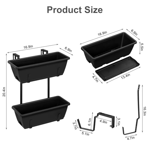 2 Tier Railing Planter Box Set of 2, 4 Pack Black Window Boxes Planters - color: Black