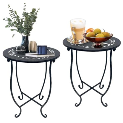 Round Side Table, 2 Pack Weather Resistant Indoor Outdoor Small Side Table - color: Black
