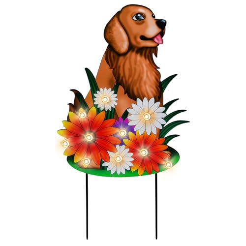 WONDER GARDEN Outdoor Garden Stakes with LED Lighted Dog Flower Yard Sign - color: orange