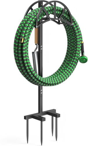 Mr IRONSTONE Garden Hose Holder Freestanding with 4 Spikes, Upgraded Water Hose Holder with Stainless Steel Screws, Heavy Duty Hose Stand Holds (Black) - color: Black
