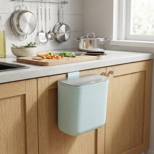 2.38 Gallon / 9 Liter Compost Bin Hanging Trash Can Stainless Steel Garbage Can with Stainless Steel Lid and Hanging Hook, for Kitchen、Bathroom& Offices, Green - color: Green, size: Large