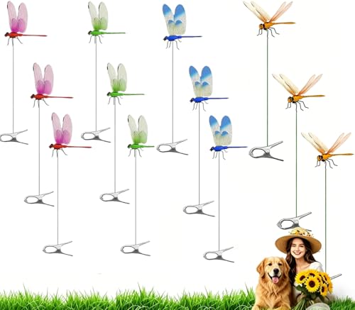 12 PCS 3D Dragonfly Garden Clips, Fake Dragonflies - Lifelike Outdoor Decorative Dragonflies for Patio, Porch, Plants, Yard and Backpack, Waterproof Summer Garden Decor (12Pack Dragonfly Clip) - color: 12Pack Dragonfly Clip