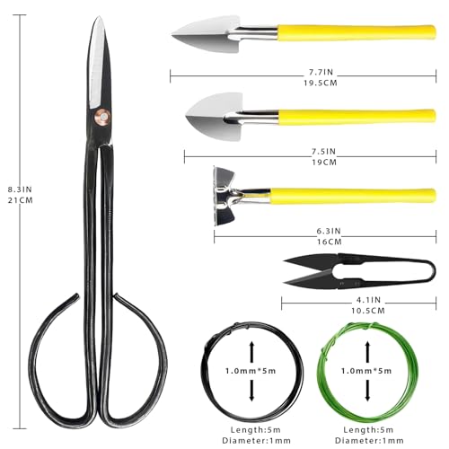 Bonsai Tools Set 7Pcs, MOSFiATA Bonsai Tree Tools Kit Succulent Trimming Tools Include Scissors, Cutters, Rake, Round and Pointed Shovel &Training Wire for Bonsai Beginner Gardening Gifts - size: Bonsai Tools 7Pcs