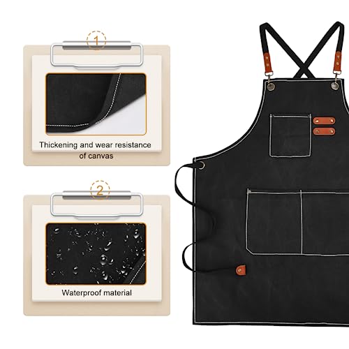 APRONPANDA Cross-Back Chef Aprons for Men Women with Pockets,Cotton Canvas Adjustable Cooking Work Apron for Kitchen - color: Black