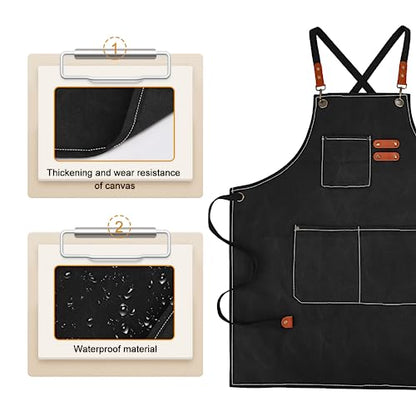 APRONPANDA Cross-Back Chef Aprons for Men Women with Pockets,Cotton Canvas Adjustable Cooking Work Apron for Kitchen - color: Black