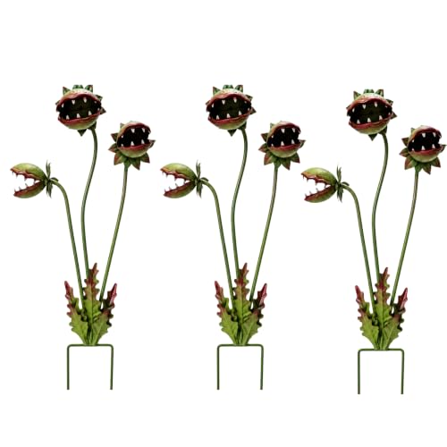 Metal Carnivorous Plant Garden Stake, 2026 New 25-Inch Venus Flytrap Yard Art Decor, Durable Yard Art for Flower Beds, Lawn Garden Patio Halloween Gothic Yard Decoration (Green-3PCS) - color: Green-3pcs