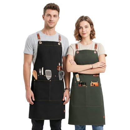 KTMOUW 2 Pack Chef Apron for Men Women with Large Pockets, Adjustable Apron - color: Black+green
