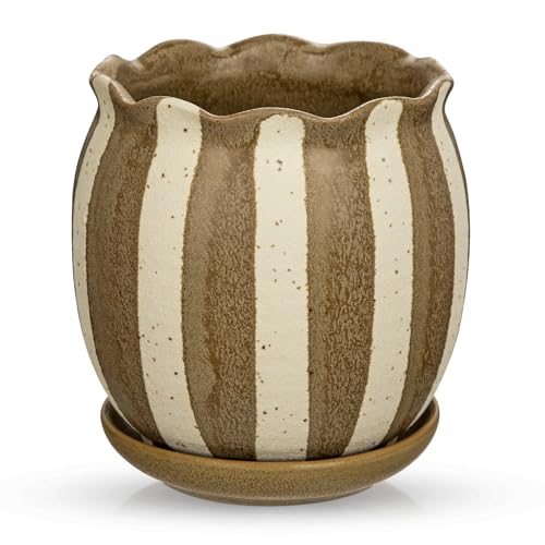 5.2 inch Stripes Ceramic Plant Pots with Drainage Hole and Tray, Brown - color: Brown