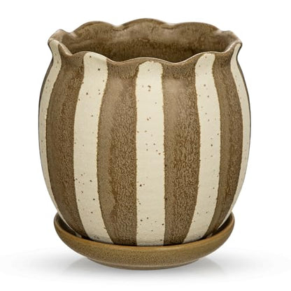 5.2 inch Stripes Ceramic Plant Pots with Drainage Hole and Tray, Brown - color: Brown