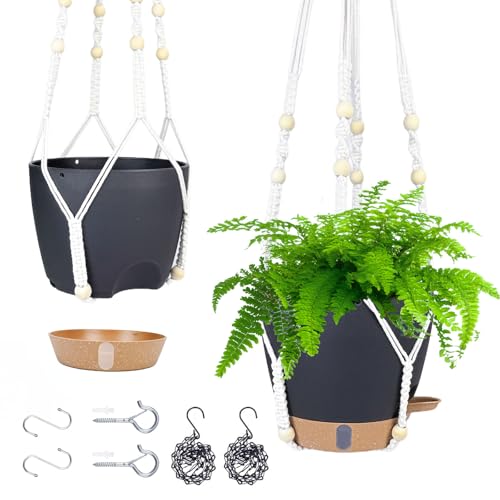 8 Inch Self Watering Hanging Planter for Indoor Outdoor Plants, 2 Pack - color: Black, size: 8 inch