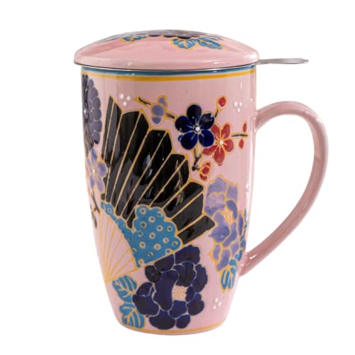 Tea Mug With Lid and Stainless Steel Infuser For Loose Leaf Tea Bag,15oz Tea Cup Porcelain, Hot Beverage Everyday Use Home Office, Gift Boxed (Paper Fan Flower) - style: Paper Fan Flower