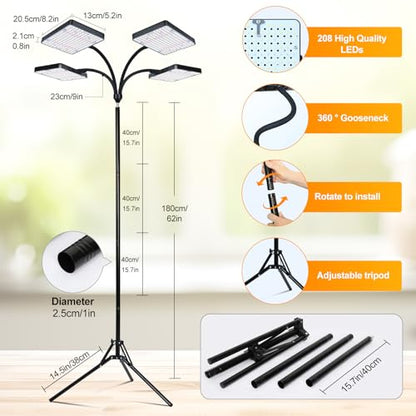 Full-Spectrum Grow Light with Upgrade Stand for Indoor Growing - size: 4-Head-New