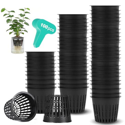 100PCS 2 inch Net Cups Pots, with 20 Plant Labels for Hydroponics Aquaponics Planter Indoor Outdoor Growing Baskets Slotted Mesh