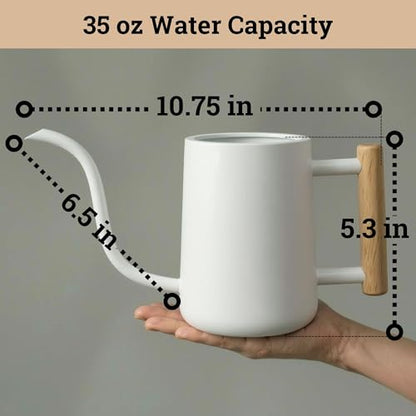 Metal Small Indoor Watering Can with Long Spout & Real Wood Handle, 35oz - color: White