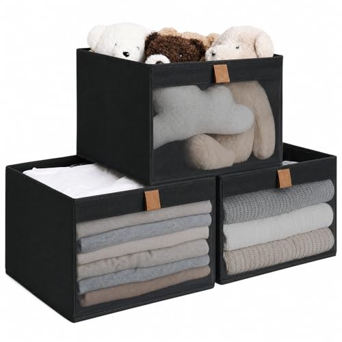 StorageWorks Closet Storage Bins with Clear Window, Black, 3-Pack - color: Black, size: 12 ¾" L x 12 ¾" W x 9" H