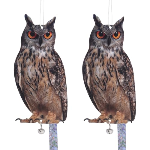 2Pack Plastic Owls Reflective Flat Owl Scarer Devices Reflective Owl Hanging Decoration Dual-Side Printed Raster Fake Eagle for Garden Patio Windows Farm, Not 3D - color: 2 Brown Owl Scarers
