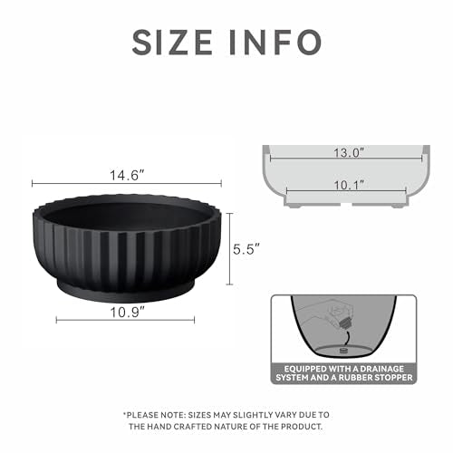 Kante Small Round Shallow Black Concrete Planter 14.6" Dia, Outdoor - color: Black, size: 14.6"w x 5.5"h