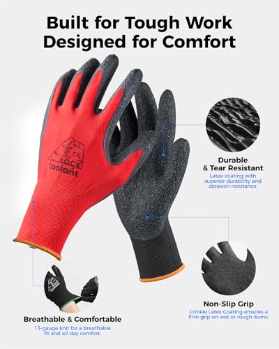 toolant Crinkle Latex Work Gloves, 12 Pairs, Black & Red, Medium - color: Black & Red, size: Medium